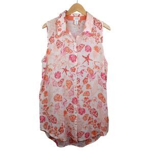 Sigrid Olsen Women Linen Button Up Shirt Dress L White Coral Shell Beach Coastal